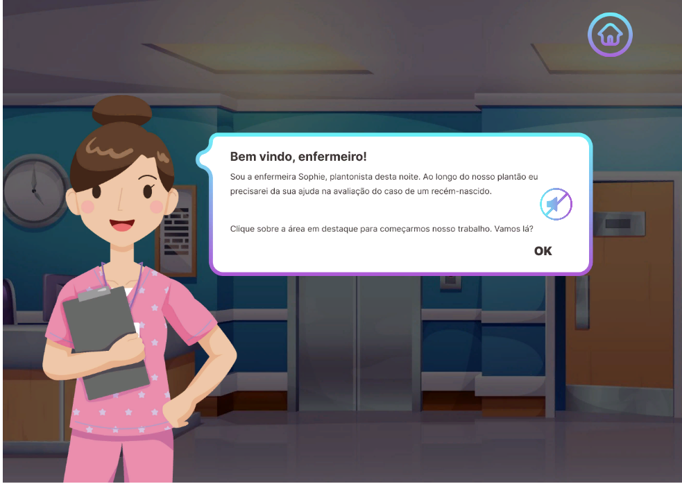 Tela de boas-vindas – Enfermeira Sophie na recepção hospitalar